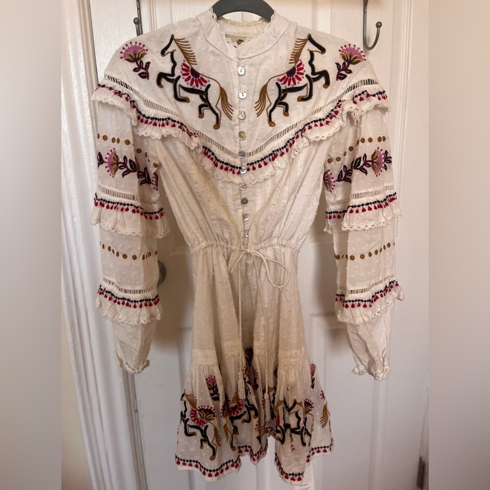 FARM Rio Stitch Embroidered Horses White Ruffle Dress with Floral Accents XXS - Picture 7 of 10